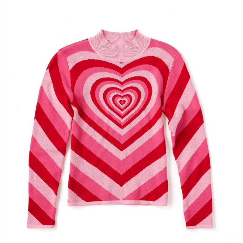 Women's oversized knitted sweater with heart intarsia and chevron pattern Mune Fashion