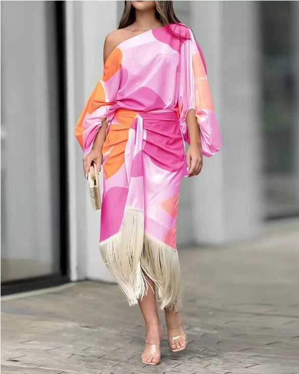 Women's nano asymmetrical draped midi dress with one-sided shoulder, voluminous sleeve cut and fringe hem Mune Fashion