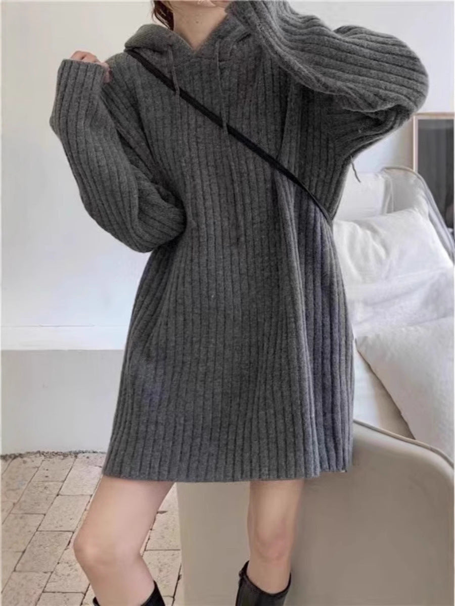 Women’s knitted hoodie dress with ribbed texture and oversized silhouette Mune Fashion