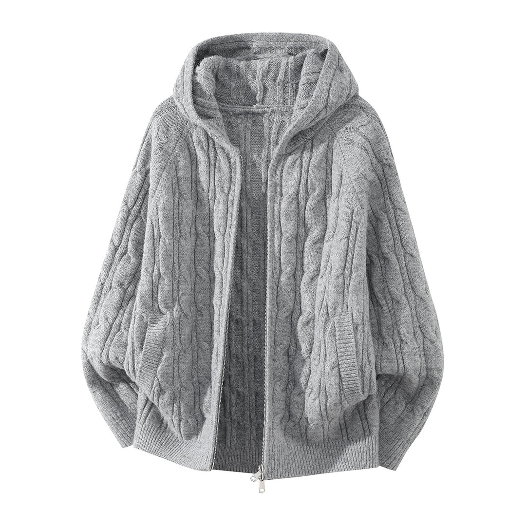 Women's Oversized Hooded Cardigan with Cable Knit Pattern and Separating Zipper Mune Fashion