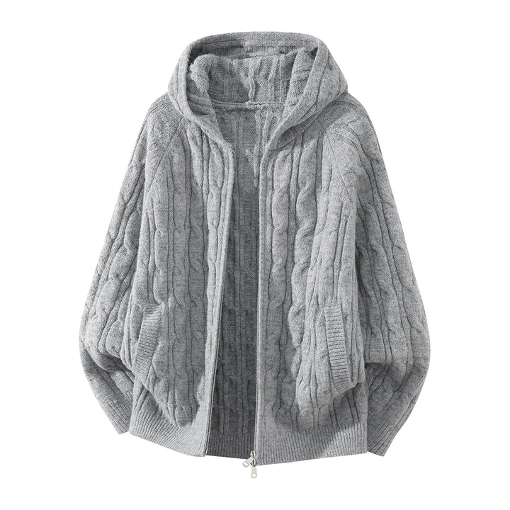 Women's Oversized Hooded Cardigan with Cable Knit Pattern and Separating Zipper Mune Fashion