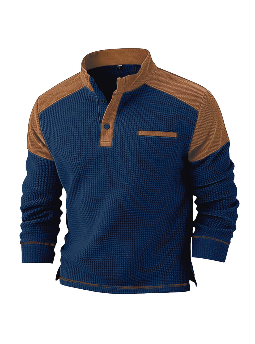 Men's waffle knit henley with stand-up collar, cord shoulder yoke and chest piping Mune Fashion