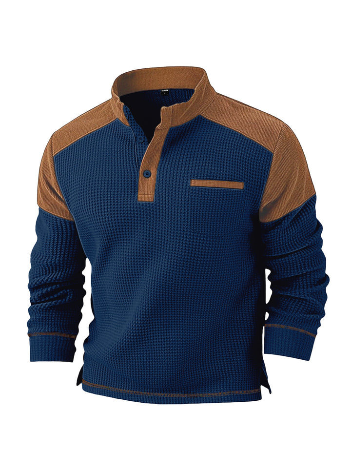 Men's waffle knit henley with stand-up collar, cord shoulder yoke and chest piping Mune Fashion