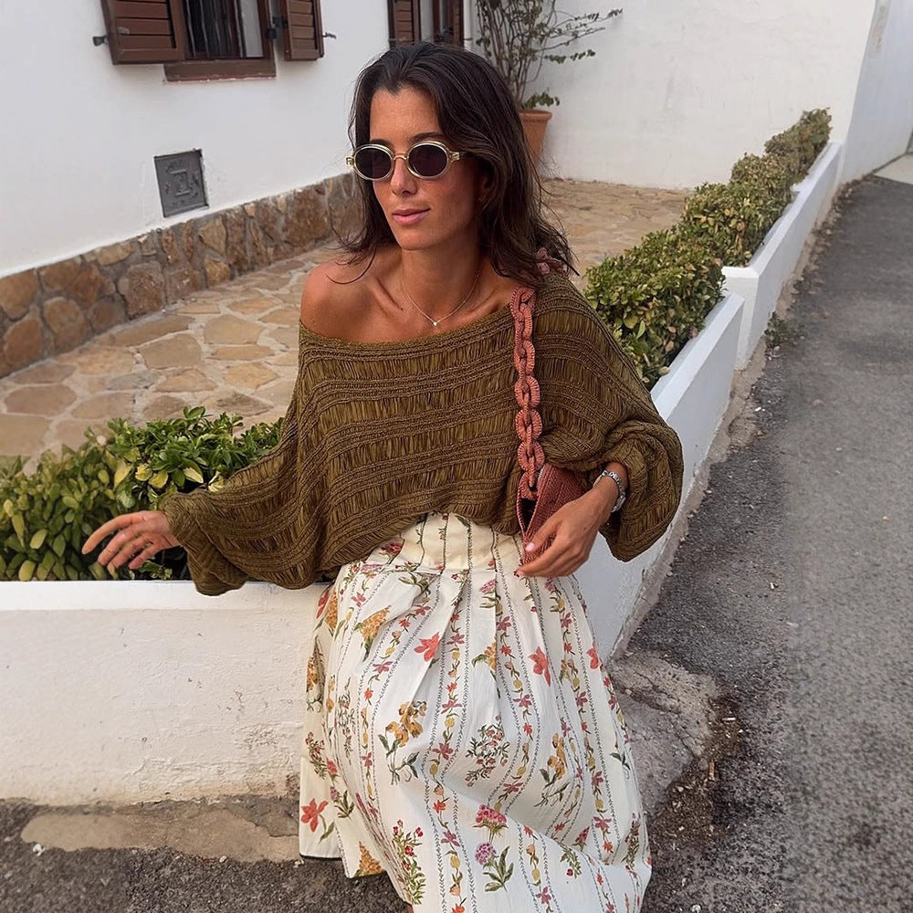 Women Loose Crocheted Poncho Knit Blouse with Wide Boat Neck and Texture Pattern Mune Fashion