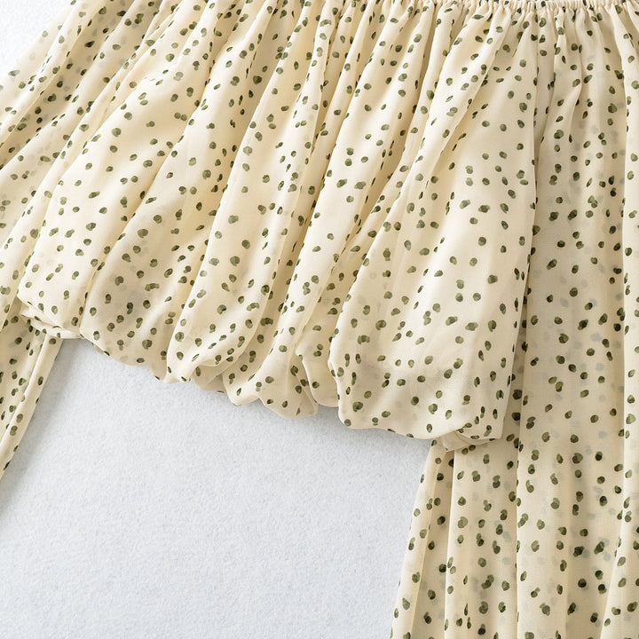 Ladies Carmen Cropped Chiffon Blouse with Elastic, Ruffle Trim and Long Balloon Sleeves Mune Fashion