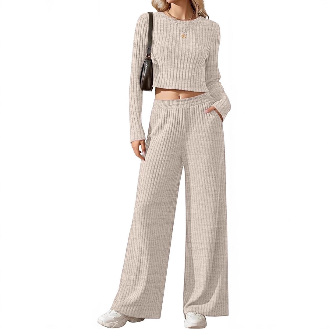 Women's Ribbed Fine Knit Lounge Set with Cropped Long Sleeve Top and High-Waisted Palazzo Pants Mune Fashion