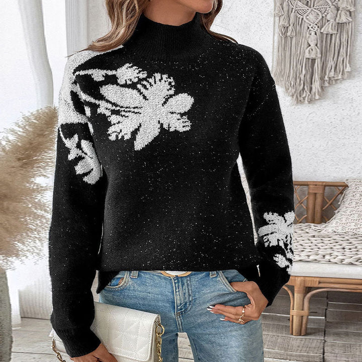 Women’s Floral Intarsia Knit Sweater with Stand-Up Collar and Loose Silhouette Mune Fashion