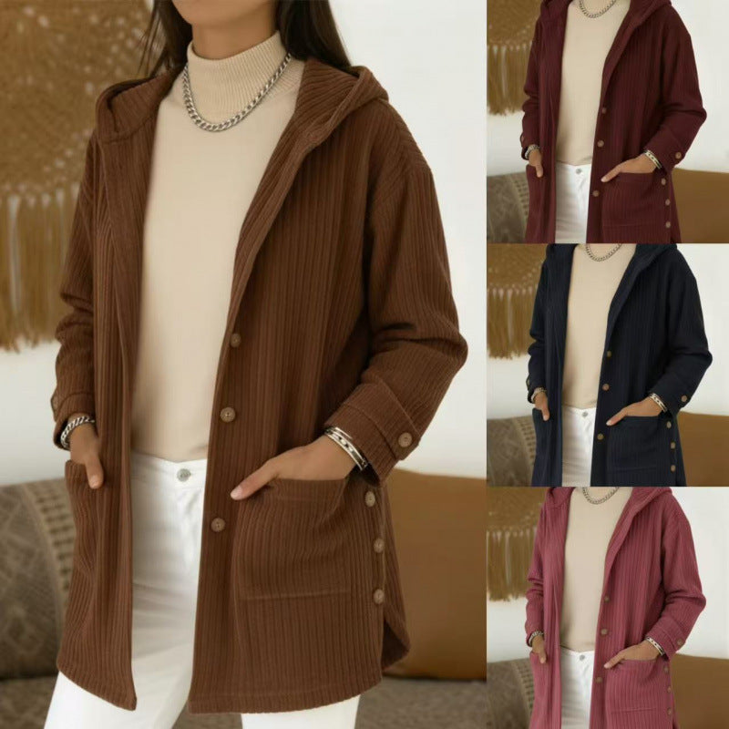Women's Long Hooded Knitted Cardigan with Ribbed Texture, Button Placket and Side Pockets Mune Fashion