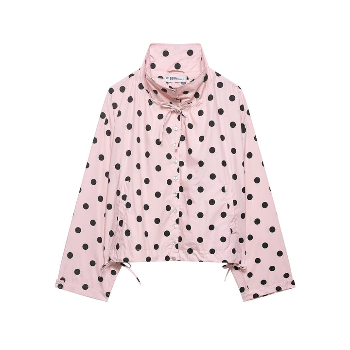Women Lightweight Oversized Polka Dot Windbreaker with Stand-up Collar, Button Placket and Drawstring Mune Fashion