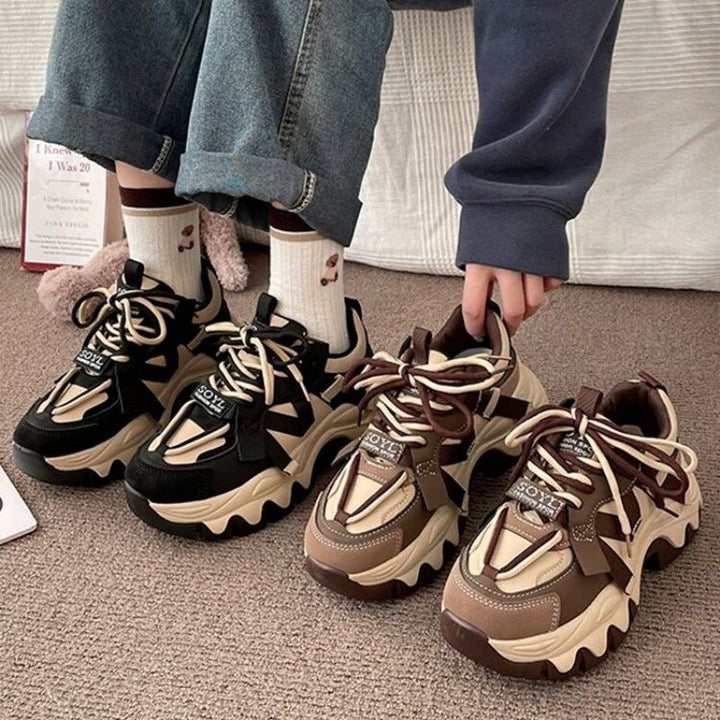 Women's Wave Platform Sneakers with Multi-Layer Upper Material and Decorative Straps Mune Fashion