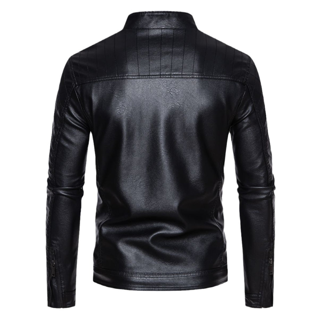 Men's fitted faux leather biker jacket with stand-up collar and quilted sleeve detail Mune Fashion