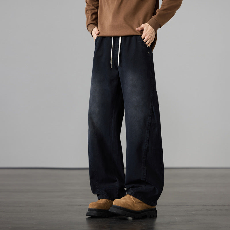 Men's Wide Cotton Drawstring Pants in Vintage Wash Look Mune Fashion