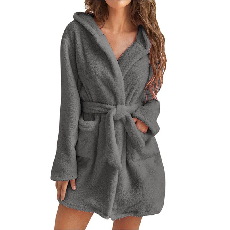 Women's Cozy Fleece Bathrobe with Hood and Waist Tie Mune
