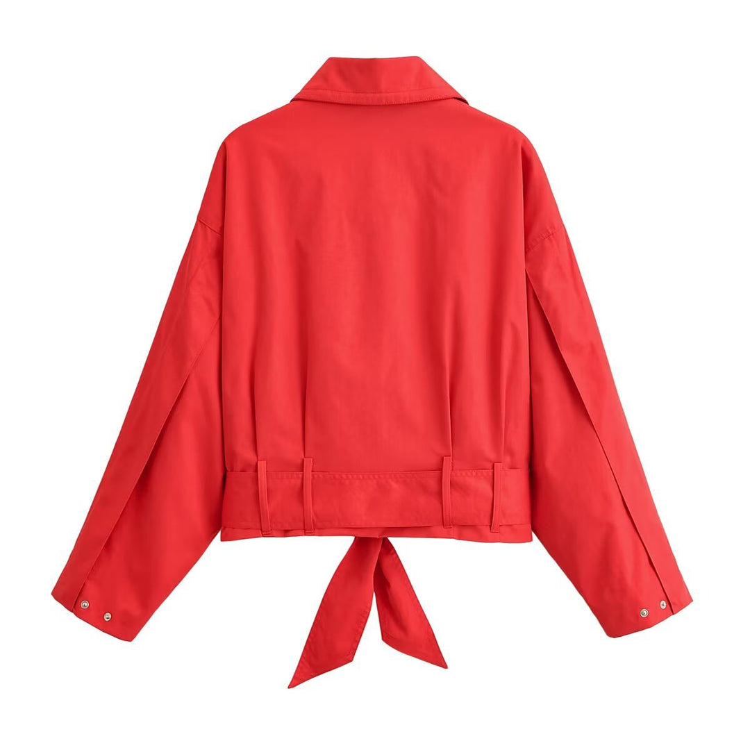 Women's short jacket in blouson style with tie belt and wide collar Mune Fashion