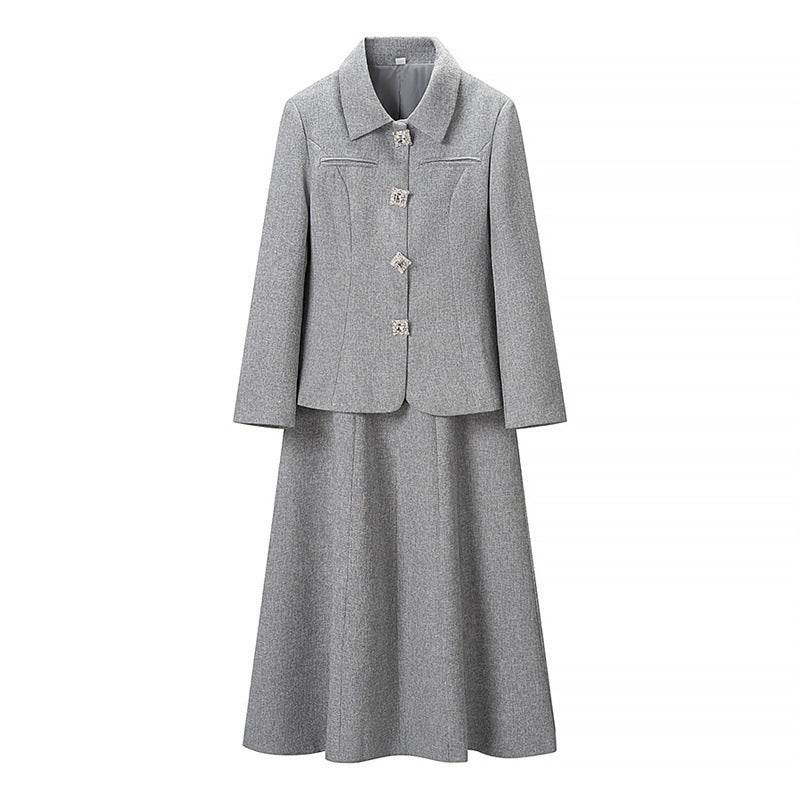 Women Two-Piece Suit made of Wool Blend with Tailored Short Blazer and Flared Midi Skirt Mune Fashion