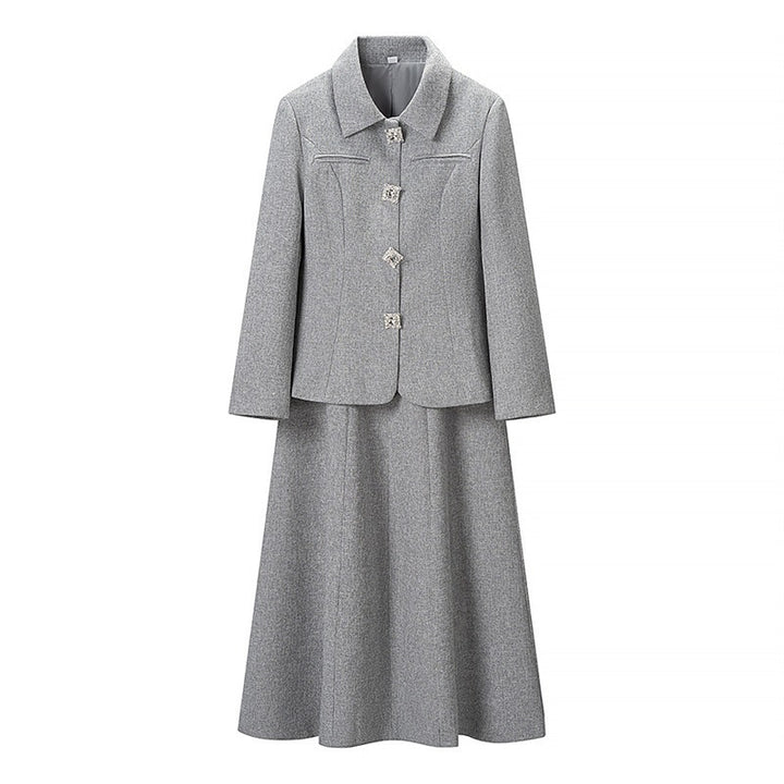 Women Two-Piece Suit made of Wool Blend with Tailored Short Blazer and Flared Midi Skirt Mune Fashion