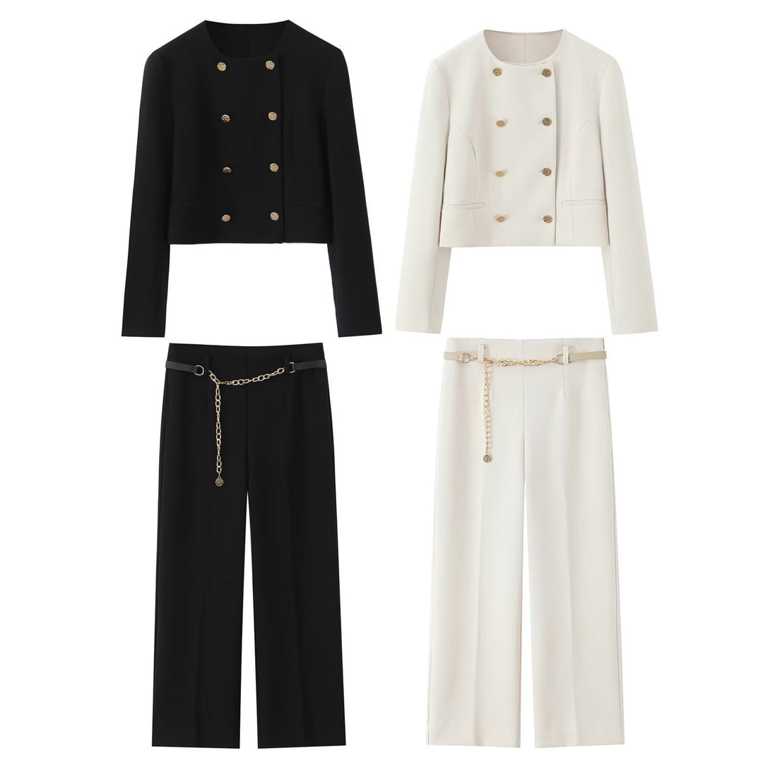 Women Elegant-wide cut suit pants with crease and decorative chain belt Mune Fashion