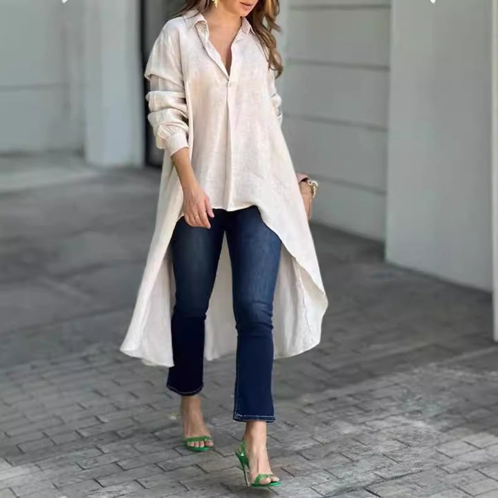 Women Lightweight Linen Tunic Blouse with Asymmetric High-Low Tail and Shirt Collar Mune Fashion