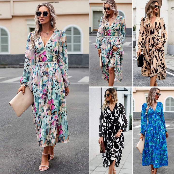 Women's flowing maxi dress with V-neck, gathered empire waist and tiered skirt Mune Fashion