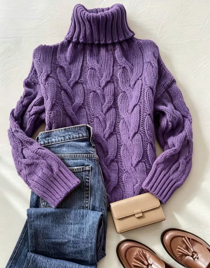 Women's chunky knit turtleneck sweater with distinctive cable patterns and ribbed cuffs Mune Fashion