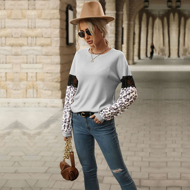 Women’s Long Sleeve Shirt with Leopard Sleeves and Lace Trim Mune Fashion