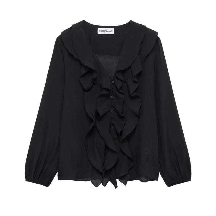 Women ruffled chiffon blouse with V-neck, continuous button placket and ruffle details Mune Fashion