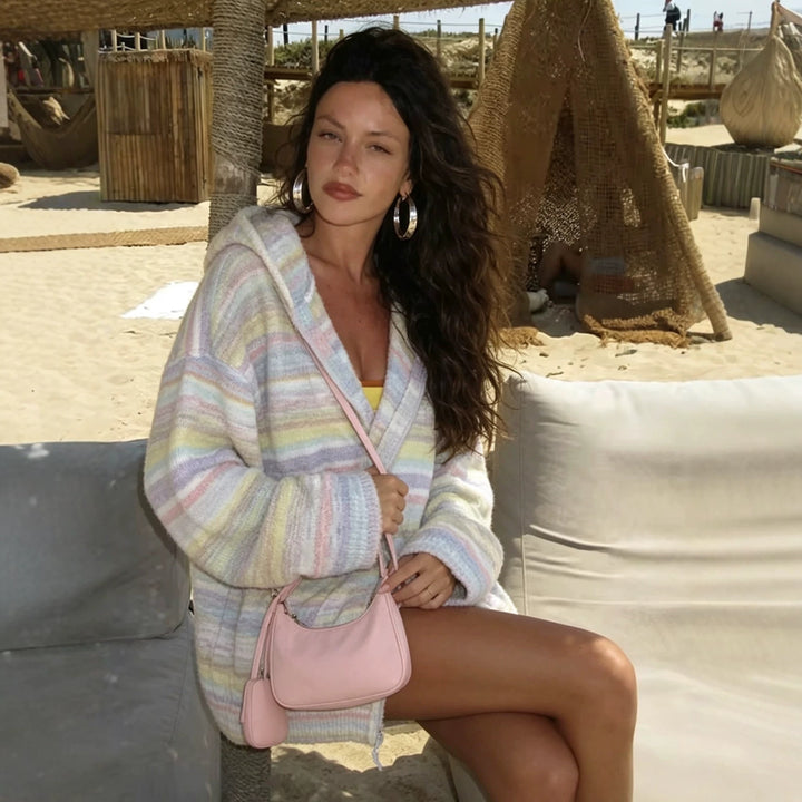 Women Cozy Cropped Hoodie Jacket with Zipper and Pastel Stripes Mune Fashion