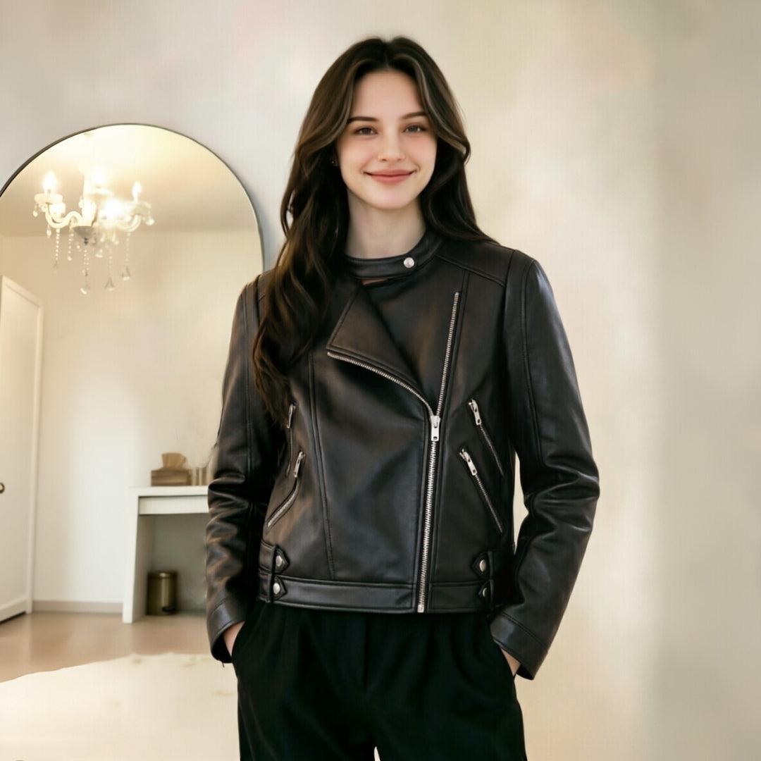 Women's motorcycle biker jacket made of faux leather with stand-up collar, asymmetric zipper, and decorative pleats Mune Fashion