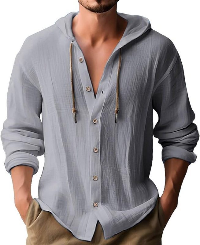 Men's crinkled short-sleeve hooded shirt made of cotton with button placket and drawstring Mune Fashion