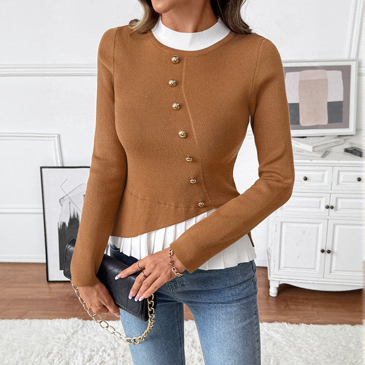Women's Fitted Knit Sweater with Asymmetrical Button Placket and Pleated Layer Mune Fashion