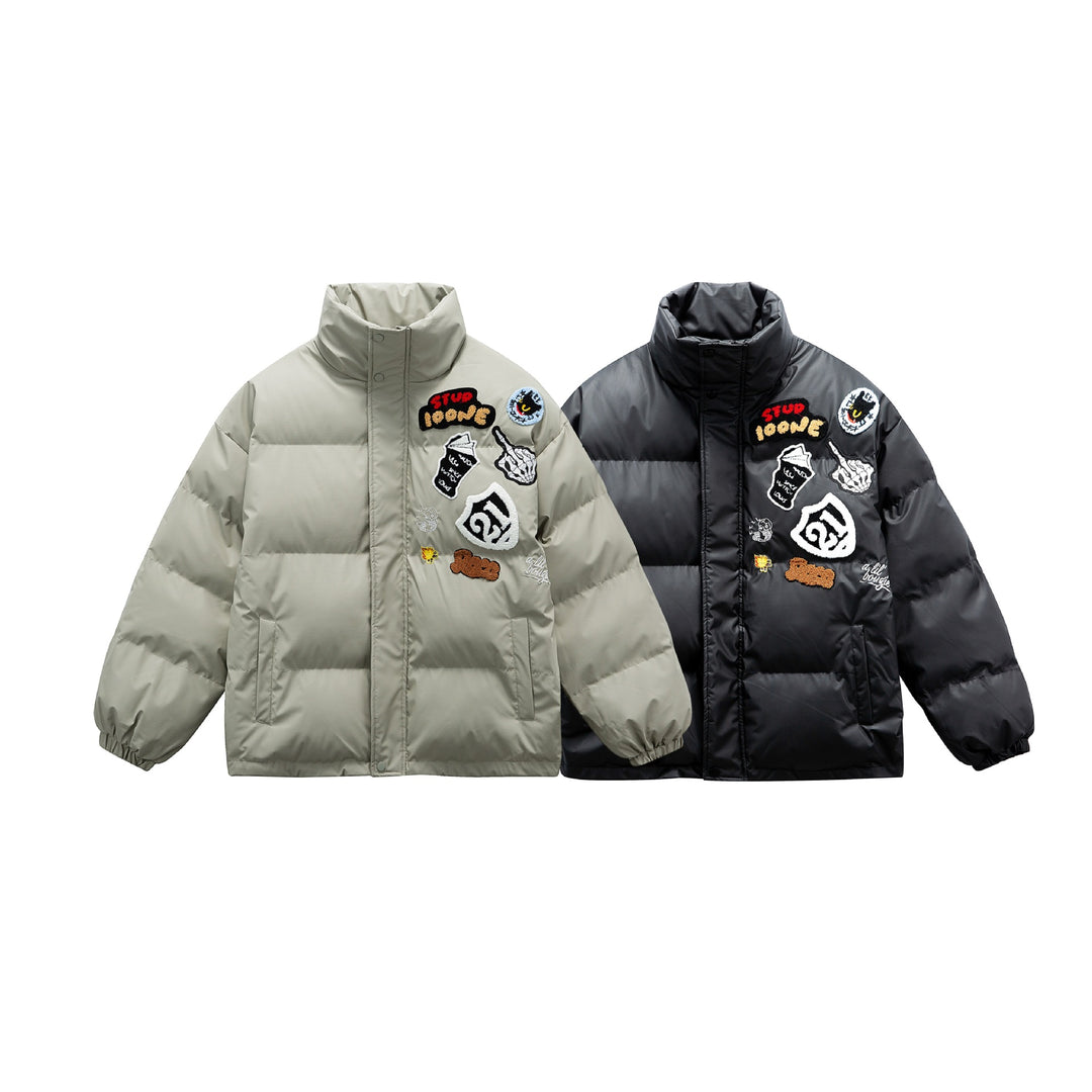 Unisex Boxy padded oversized puffer jacket with stand-up collar and statement patch details Mune Fashion