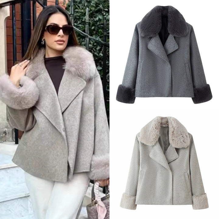 Women Short Wool Blend Coat with Removable Faux Fur Collar and Cuffs Mune Fashion