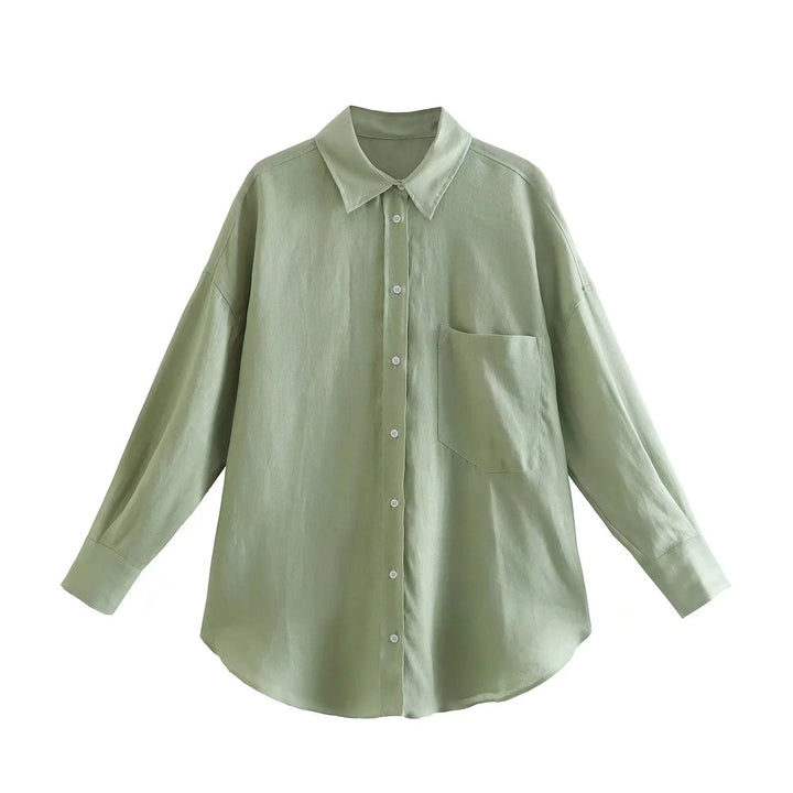 Women's Oversized Shirt Blouse made of Linen Blend with Dropped Shoulder and Chest Pocket Mune Fashion