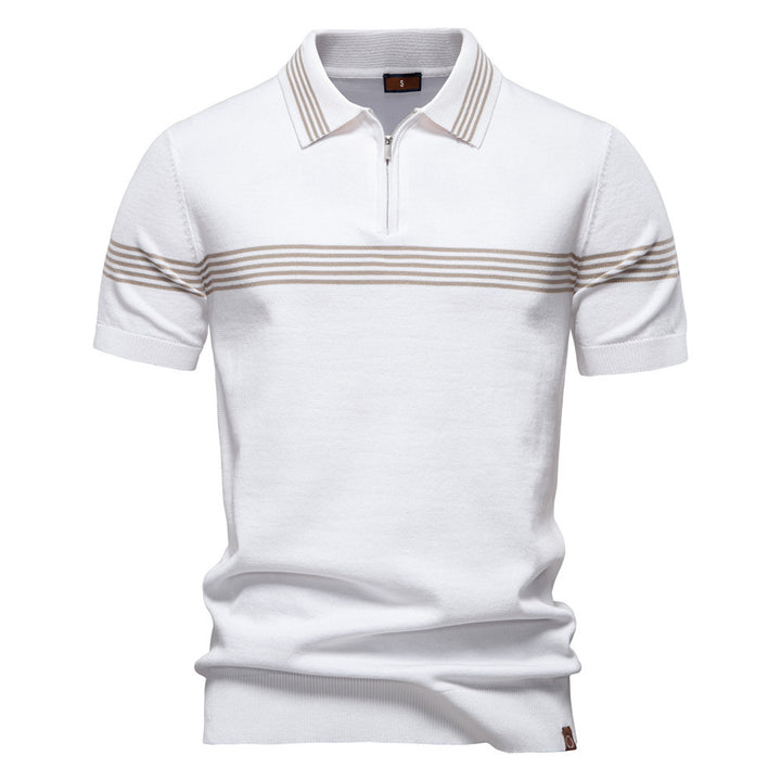 Men's noble fine-knit polo shirt with short metal zipper, cuffed sleeves, and contrasting striped bands Mune Fashion