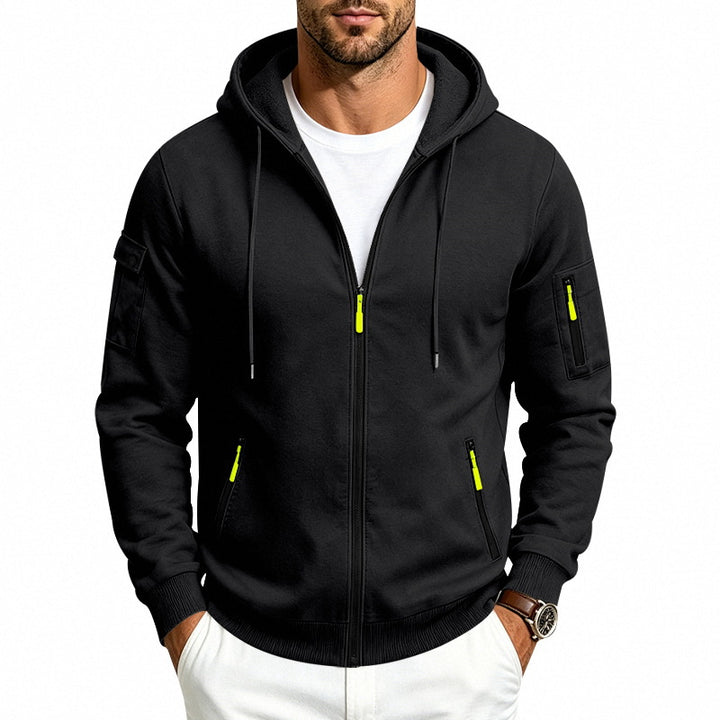 Men's Hooded Zipper Jacket with Arm Pockets, Contrast Zipper and Ribbed Cuffs Mune Fashion