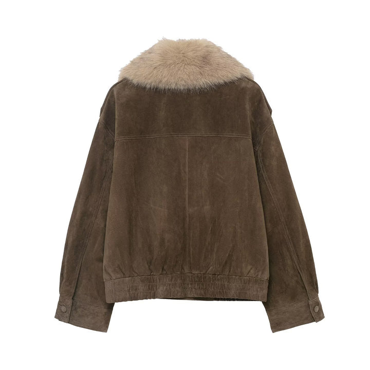 Women 400+ Cropped Suede Bomber Jacket with Large Faux Fur Shawl Collar Mune Fashion