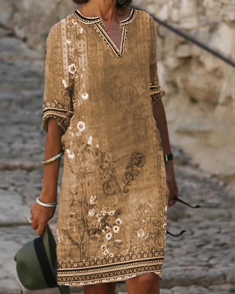 Women's midi dress in boho linen look with V-slit collar and three-quarter sleeves Mune Fashion