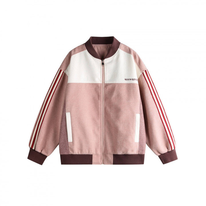 Unisex Short Cut Boxy Bomber Jacket in Sportline Style with Full Zip, Contrasting Stripe Sleeves and Ribbed Cuffs Mune Fashion