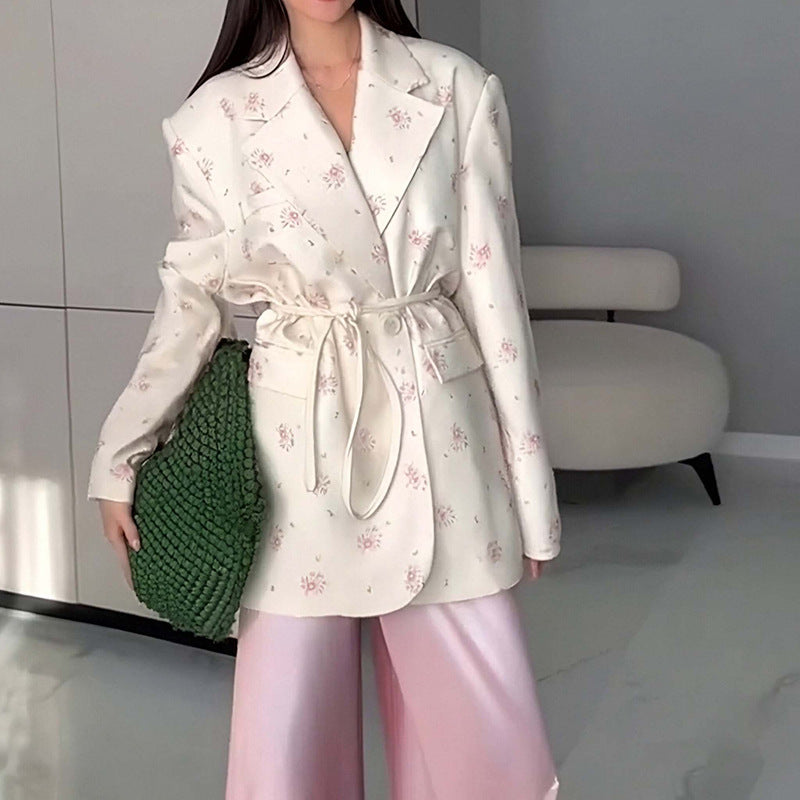 Women fitted floral blazer with belt and lapel collar Mune Fashion