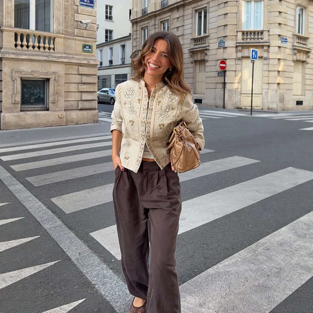 Women's short jacket made of linen blend with elaborate embroidery, stand collar, and tailored silhouette Mune Fashion