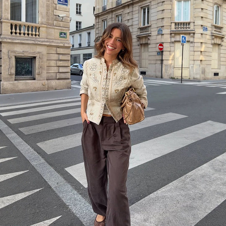 Women's short jacket made of linen blend with elaborate embroidery, stand collar, and tailored silhouette Mune Fashion