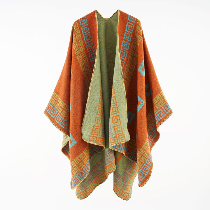 Women's Kastiger Wool Blend Ruana with Contrasting Inner Lining and Graphic Jacquard Design