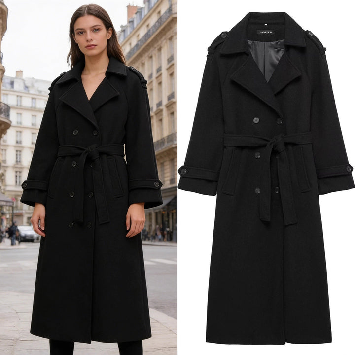 Women's Long Double-Breasted Wool Coat with Waist Belt and Epaulettes Mune Fashion