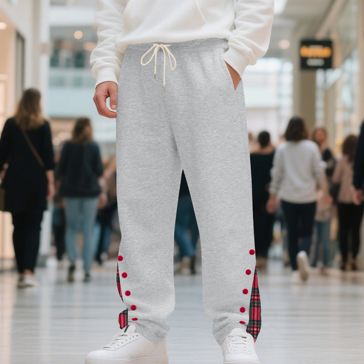 Men's Relaxed-Fit Jogging Pants with Check Side Panel, Snap Button Placket & Drawstring