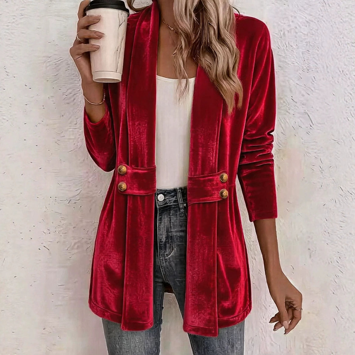 Women Velvet Long Blazer with Shawl Collar and Decorative Button Placket Mune Fashion