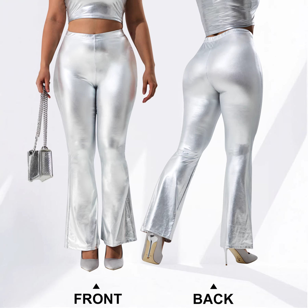 Women's Shiny High-Waist Flared Pants with Metallic Finish Mune Fashion