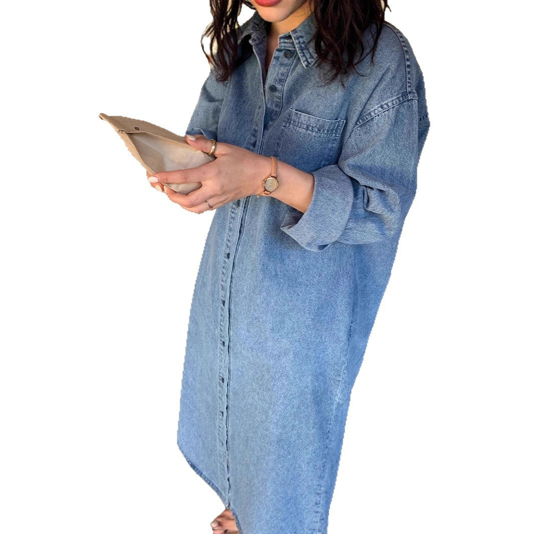 Women Long Oversized Denim Shirt Dress in Washed Look with Chest Pocket and Rolled-Up Sleeves Mune Fashion