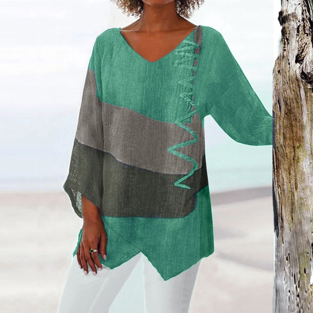 Women Casual A-Line Linen Look Tunic with Color Block Stripes and V-Neck Mune Fashion