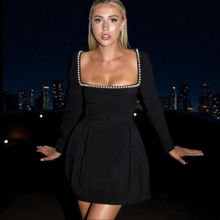Women Figure-Hugging A-Line Mini Dress with Square Neckline, Long Sleeves and Beaded Detail Mune Fashion