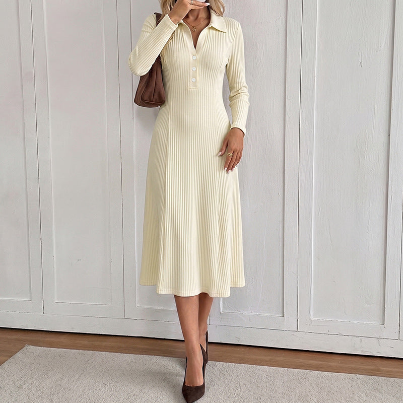 Women's Elegant Long Sleeve Dress with Polo Collar Mune Fashion